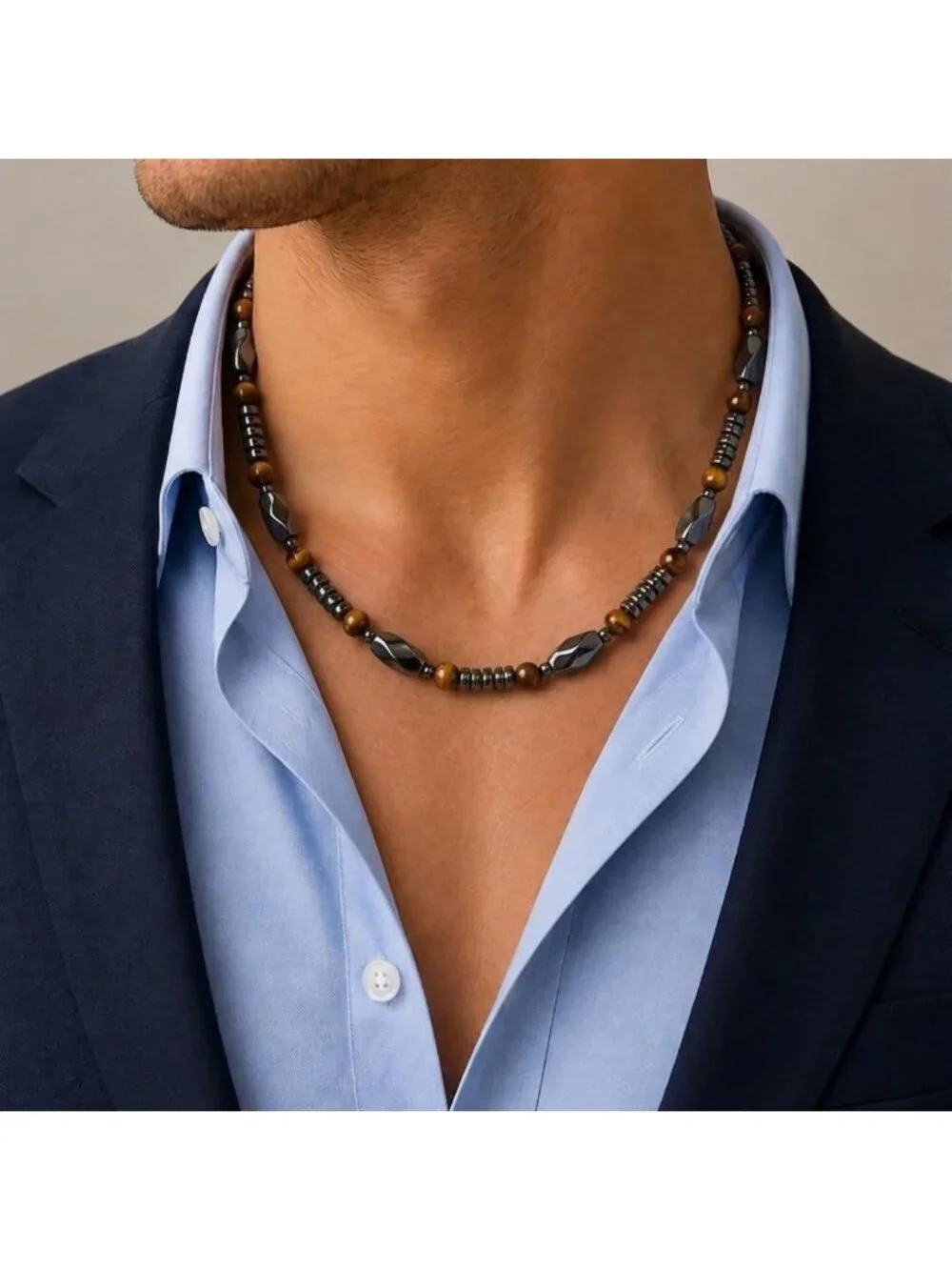 Men's Tiger Eye & Hematite Beaded Necklace - Natural Stone Jewelry, Magnetic